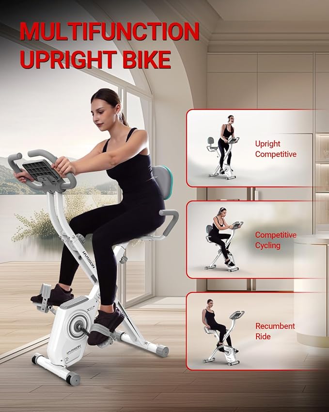 HARISON Folding Exercise Bike 350 LBS Capacity, 5 in 1 Bluetooth Stationary Bikes for Home with 16-Level Resistance and Arm Resistance Bands, Magnetic X-Bike with LCD Monitor & Back Support (HR-X3LWhite)