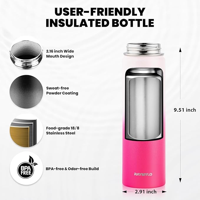 Insulated Water Bottle 20 oz, Triple Wall Vacuum Stainless Steel (Cold for 48 Hrs), Leak Proof & Non-BPA, Kids Water Bottle Jug for School with Straw Spout Lids, Ombre Pink-GravixFit