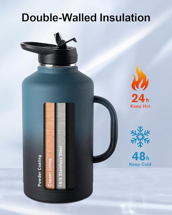 Trebo 64 oz Water Bottle Insulated with Handle, Half Gallon Stainless Steel Metal Large Jug, Travel Flask with Straw Spout Lid, Mug Tumbler Cup with Carry Pouch, Keep Cold Hot, Indigo Black-GravixFit