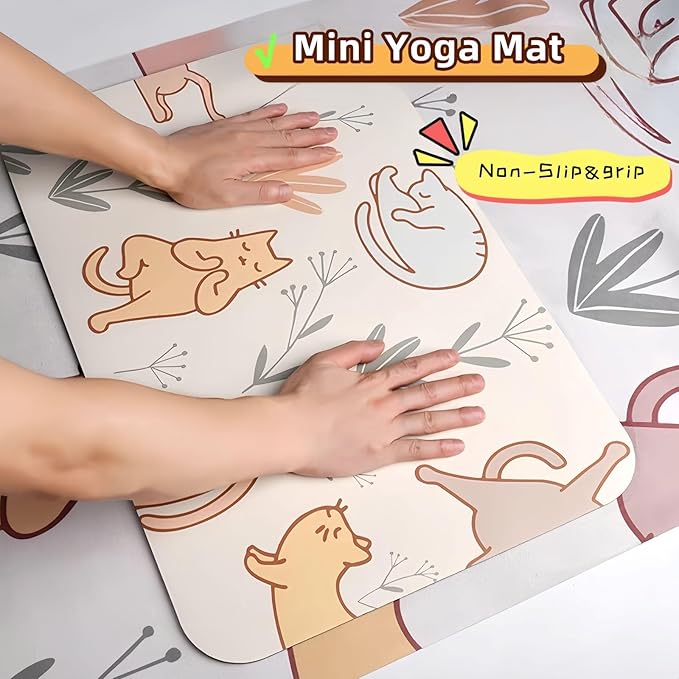 Mini Yoga Mat with Playful Cat Design, Yoga Knee Pads,Double-Sided Non-Slip, Meditation,Exercise Mat for Women&family use,White-GravixFit