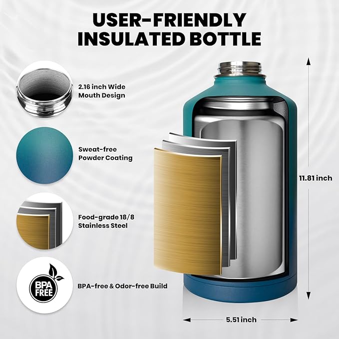 One Gallon Water Bottle Insulated, Triple Walled Vacuum Stainless Steel (Cold for 48 Hrs), Leak Proof & Non-BPA, Large Water Flask Jug with Paracord Handle & Straw Spout Lids-GravixFit