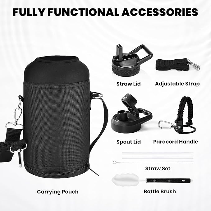 Insulated Water Bottle 64 oz, Triple Wall Vacuum Stainless Steel (Cold for 48 Hrs), Leak Proof & Non-BPA, Half Gallon Water Flask Jug with Paracord Handle & Straw Spout Lids, Magic Black-GravixFit