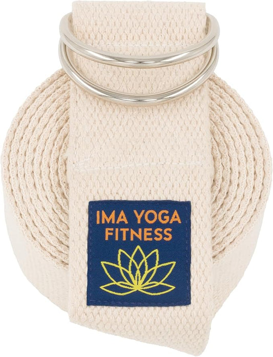 Adaptive Yoga Strap, Stretching Strap, 2 Inches Wide, 100% Naturally Soft Cotton, Steel D-Rings, Includes Natural Cotton Drawstring Storage Pouch and Instructional E-Book-GravixFit