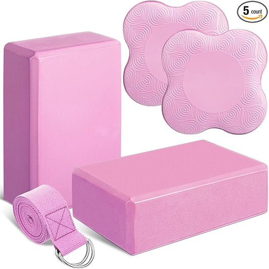 5 Pcs Yoga Blocks Knee Pads Yoga Strap Set Soft Premium Foam Blocks Accessories for Pilates Meditation General Fitness Stability, Kneeling, Balance, Deepen Stretches and Toning-GravixFit