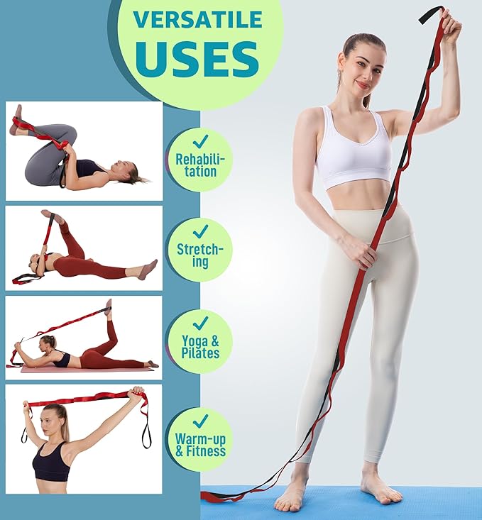 Gradient Fitness Therapy Stretching Belt, 12 Circle Multi Ring Stretching Belt (1.5 inches wide x 86.6 inches long), Therapy Equipment, Yoga Stretcher Strap,Leg Stretcher. Equipped with arch foot pads and pointed massage balls(RED)-GravixFit