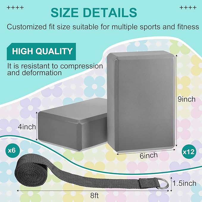 Meooeck 18 Pcs Yoga Block and Strap Set 9 x 6 x 3 Inch EVA Foam Non Slip Brick 8 ft Yoga Straps for Stretching D Ring Design for Back to School Pilates Fitness Workout Exercise-GravixFit