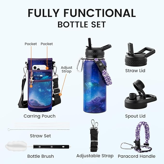 32oz Insulated Water Bottle, Triple Wall Vacuum Stainless Steel Water Bottles - Keeps Cold 48H, Reusable Metal water flask Jug for Gym, Sports, Camping, Hiking,Travel, Twilight Mist Purple-GravixFit