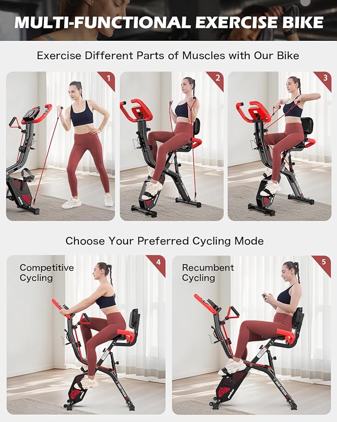 pooboo Folding Exercise Bike, Foldable Upright Stationary Bike, Indoor Cycling Magnetic X-Bike with 8-Level Adjustable Resistance, 6.6 LBS Flywheel, 300LB Capacity, Bottle Holder & Back Support Cushion for Home Gym