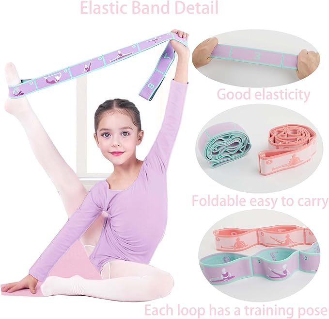 2pcs Stretch Strap for Kids,Elastic Yoga Stretching Strap with Loops, Multi-Loop Adjustable Exercise Stretching Bands，Stretching Resistance Ballet Bands for Dance, Latin, Gymnastics Exercis -8Loops-GravixFit