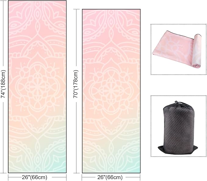 QiyI Yoga Mat Towel with Corner Pockets, Non Slip Sweat Absorbent Hot Yoga Towels, Soft Yoga Blankets with Travel Bag, Skidless Mat Cover for Workout, Gym, Fitness - 70"x26", Dreamy Pink Mandala-GravixFit