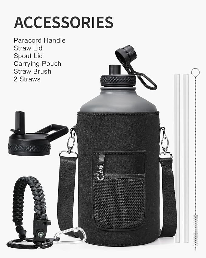 128 oz Insulated Water Bottle,One Gallon Water Flask Stainless Steel Vacuum, Cold for 48 Hrs,BPA-Free & Leakproof -with Paracord Handle, Strap,Straw Spout Lids,Large Jug for Gym,Grey-GravixFit
