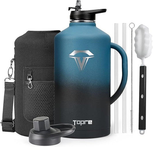 128 oz Stainless Steel Water Bottle with Handle and Carry Pouch, One Gallon Insulated Mug Tumbler with Straw Lid Spout Lid,Reusable Metal Water Bottle Jug Flask Cup,Keep Cold & Hot,Indigo Black-GravixFit