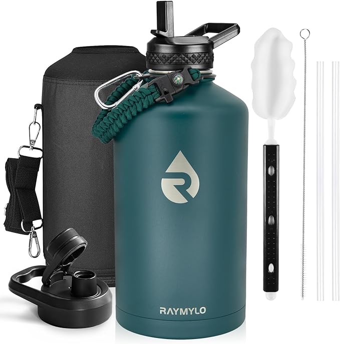 One Gallon Water Bottle Insulated, Triple Walled Vacuum Stainless Steel (Cold for 48 Hrs), Leak Proof & Non-BPA, Large Water Flask Jug with Paracord Handle & Straw Spout Lids-GravixFit