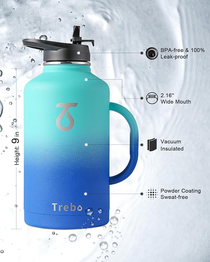 Trebo Half Gallon Water Bottle Insulated with Handle, 64 oz Double Wall Stainless Steel Metal Large Jug, Travel Flask with Straw Spout Lid, Mug Tumbler Cup with Carry Pouch, Keep Cold Hot, Blue-GravixFit
