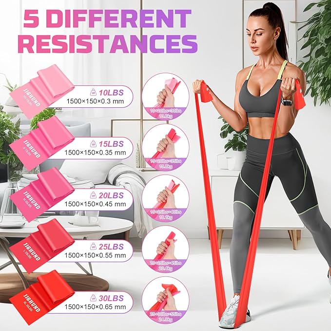 5 Pcs Resistance Bands, Professional Exercise Bands Elastic Stretch Bands for Fitness Yoga Pilates Stretching Strength Training, Workout Bands for Women and Men Home Gym-GravixFit