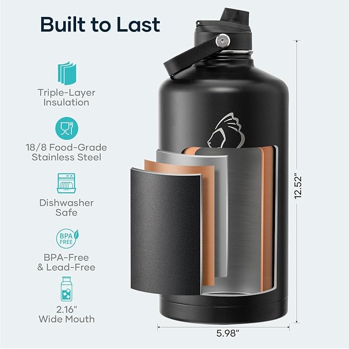 BUZIO 1 Gallon Water Jug with Straw Handle Lid, 128oz Water Bottle Stainless Steel Double Wall Hydro Jug 18/8 Food Grade Thermo Mug Keep Cold 48H & Hot 24H, Black-GravixFit