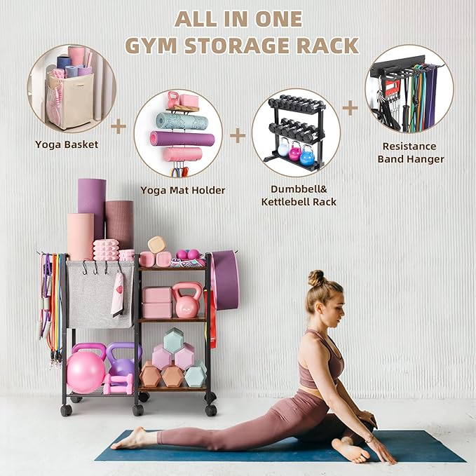 Yoga Mat Storage Rack Home Gym Equipment Organizer Holder for Foam Roller Dumbbells Kettlebells Resistance Bands and More Accessories Women Men Workout Organization with Hooks Wheels (Black)-GravixFit