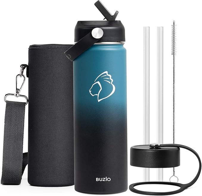 BUZIO Insulated Water Bottle with Straw Lid and Flex Cap, 22oz Modern Double Vacuum Stainless Steel Water Flask, Cold for 48 Hrs Hot for 24 Hrs Simple Thermo Canteen Mug, Indigo Black-GravixFit