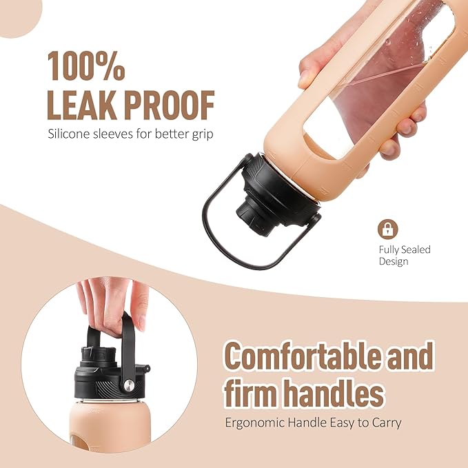 Kodrine Water Bottle with Straw, 24 oz Glass water Bottle with 2 Lids Bamboo Straw Lid and Spout Lid with Handle, 32 oz Clear Water Bottle Glass for Sports Travel, Waterbottle with Time Marker-GravixFit