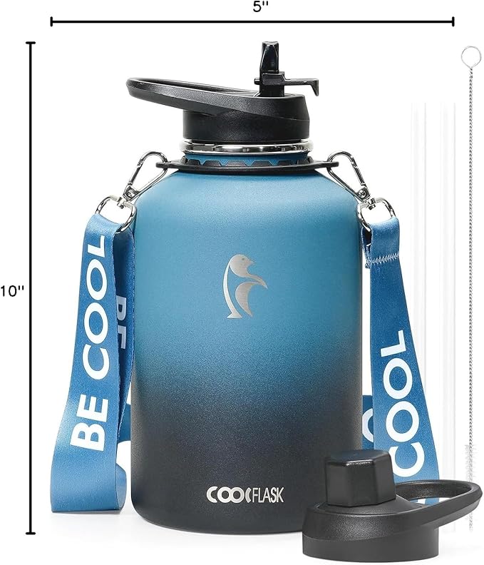 Coolflask 64 oz Water Bottle Insulated with Strap, Half Gallon Water Jug Stainless Steel with Straw & Spout Lids, Metal Large Water Flask, Keep Cold 48h Hot 24h, Leak Proof & Non-BPA, Prussian Blue-GravixFit