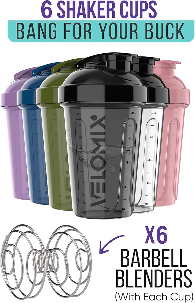 '-6 PACK- Shaker Cups for Protein Shakes 20 oz - 6x Wire Whisk | Leak Proof Protein Shaker Bottle for Protein Shakes, Shaker Bottle Pack for Pre & Post Workout, Shaker Cup (Muted Contrast)-GravixFit