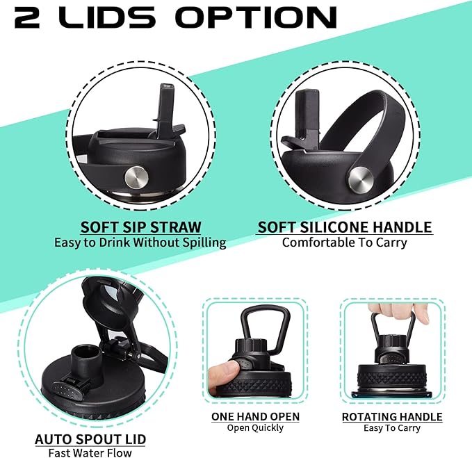 Half Gallon Insulated Water Bottle - with Straw & Spout Lid, Paracord Handle & Carrier Bag, Protective Cup Mat, 64oz Vacuum Stainless Steel Water Bottle, Metal Vacuum Flasks Keep Cold 48h Hot 24h-GravixFit