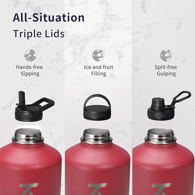 Trebo 1 Gallon Water Bottle Insulated with Paracord Handle and Straw,128oz Vacuum Double Wall Stainless Steel Large Jug,Keep Ice Cold 48hrs, Leakproof Sports Gym Flask for Men Women, Ruby Red-GravixFit