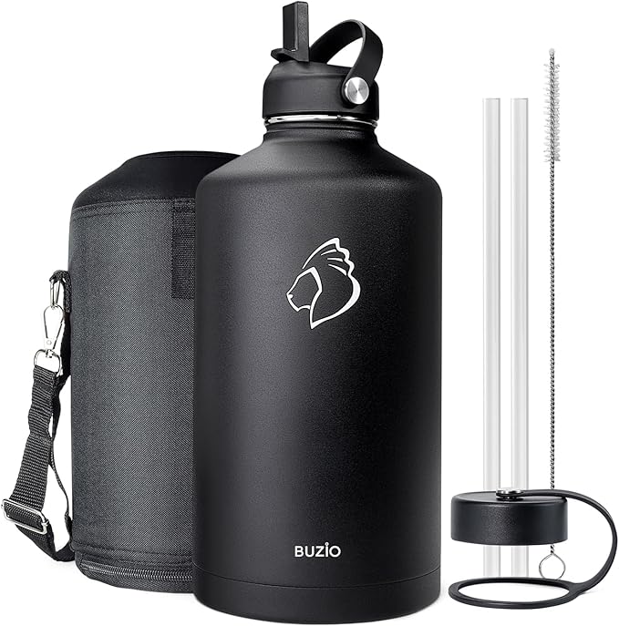 BUZIO 1 Gallon Water Jug with Straw Handle Lid, 128oz Water Bottle Stainless Steel Double Wall Hydro Jug 18/8 Food Grade Thermo Mug Keep Cold 48H & Hot 24H, Black-GravixFit