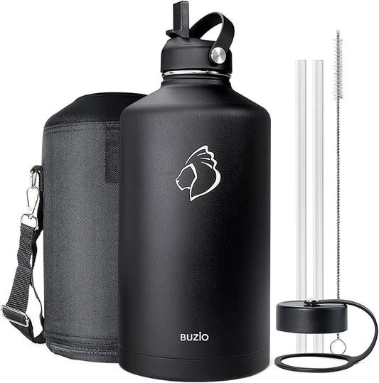 BUZIO 1 Gallon Water Jug with Straw Handle Lid, 128oz Water Bottle Stainless Steel Double Wall Hydro Jug 18/8 Food Grade Thermo Mug Keep Cold 48H & Hot 24H, Black-GravixFit