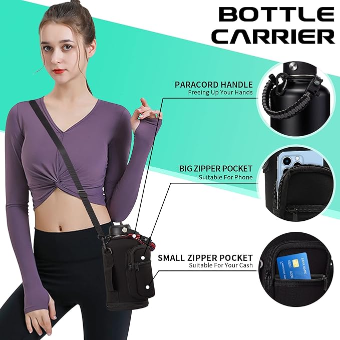 Half Gallon Insulated Water Bottle - with Straw & Spout Lid, Paracord Handle & Carrier Bag, Protective Cup Mat, 64oz Vacuum Stainless Steel Water Bottle, Metal Vacuum Flasks Keep Cold 48h Hot 24h-GravixFit