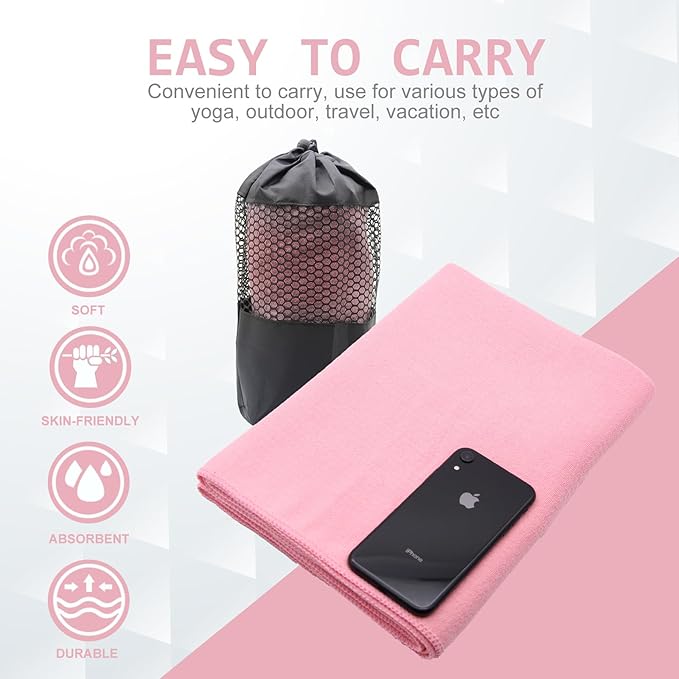 Eunzel Yoga Towel,Hot Yoga Mat Towel with Grip Dots Sweat Absorbent Non-Slip for Hot Yoga, Pilates and Workout 24" x72", Pink-GravixFit