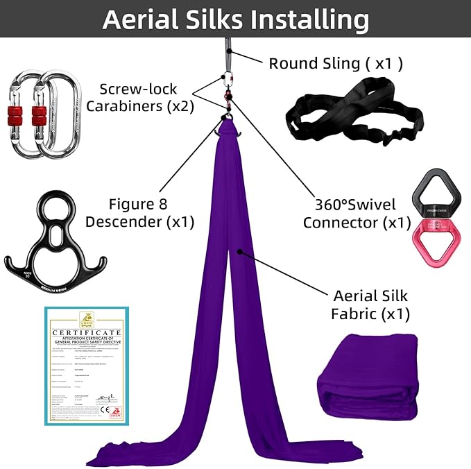 PRIOR FITNESS Aerial Silks Kit Colorful 9/15/20 Yards 40D Nylon Fabric Hammock Set With Hardware & Guide for All Levels Of Aerial Yoga Practice and Acrobatic Flying For Adults Aerial silk-GravixFit