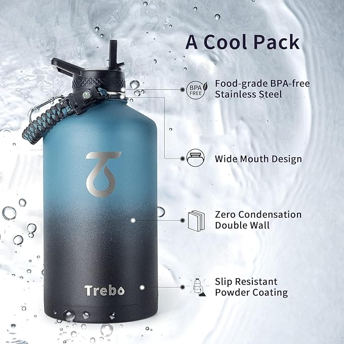 Trebo One Gallon Water Bottle Insulated with Paracord Handle,128oz Large Stainless Steel Water Jug,Vacuum Double Wall Insulated 24hr Cold Retention,Leakproof Flask with 3 Lids,Indigo Black-GravixFit