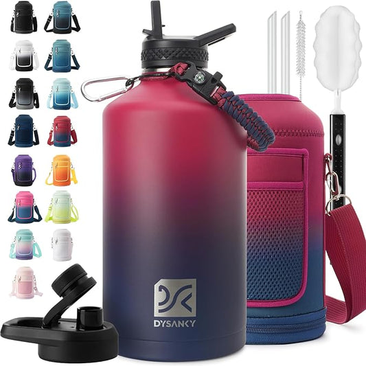 1 Gallon Water Bottle Insulated | Thickened Stainless Steel Vacuum Metal Water Jug | Portable Sports Large for Gym and Hiking with Straw, Carrier Bag, Handle Strap | BPA-Free 128 oz-GravixFit