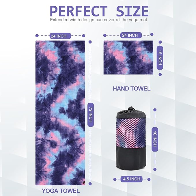 Eunzel 2 Pack Yoga Towel,Hot Yoga Mat Towel with Grip Dots Sweat Absorbent Non-Slip for Hot Yoga, Pilates and Workout 24" x72，Purple & Blue/Green & Purple (2 Pack)-GravixFit