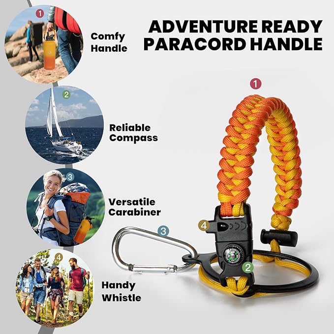 Insulated Water Bottle 87 oz, Triple Wall Vacuum Stainless Steel (Cold for 48 Hrs), Leak Proof & Non-BPA, Modern Water Flask Jug with Paracord Handle & Straw Spout Lids, Ombre Orange-GravixFit