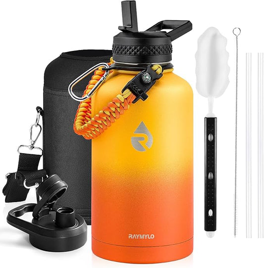 Insulated Water Bottle 64 oz, Triple Wall Vacuum Stainless Steel (Cold for 48 Hrs), Leak Proof & Non-BPA, Half Gallon Water Flask Jug with Paracord Handle & Straw Spout Lids, Ombre Orange-GravixFit