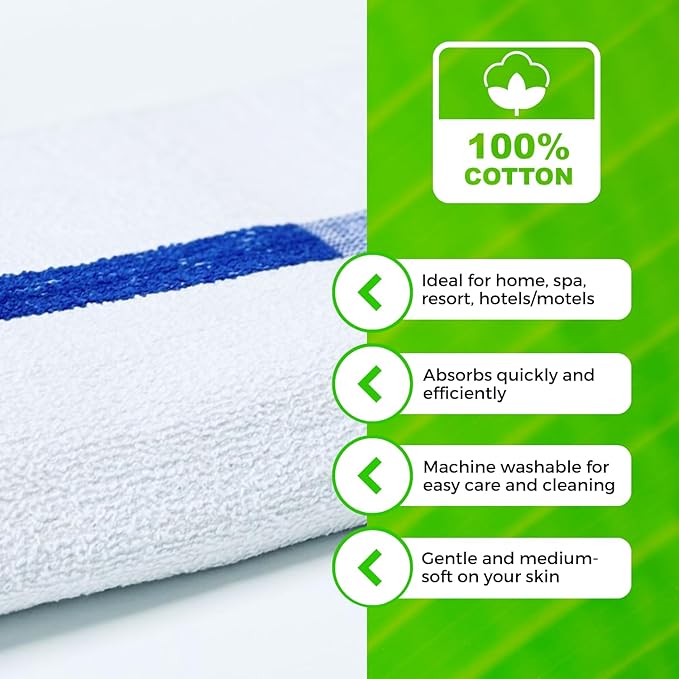 Towels N More 24x48 Soft Poolside Towels - 24 Large Super Absorbent Pool Towel White and Blue Center Stripe - Ideal for Home, Pool, Spa, Gym, Hotel, Motel Rental Room Use - 100% Cotton Bath Towels-GravixFit
