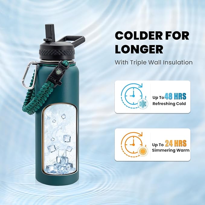 Insulated Water Bottle 40 oz, Triple Wall Vacuum Stainless Steel (Cold for 48 Hrs), Leak Proof & Non-BPA, Modern Water Flask Jug with Paracord Handle & Straw Spout Lids, Dark Green-GravixFit