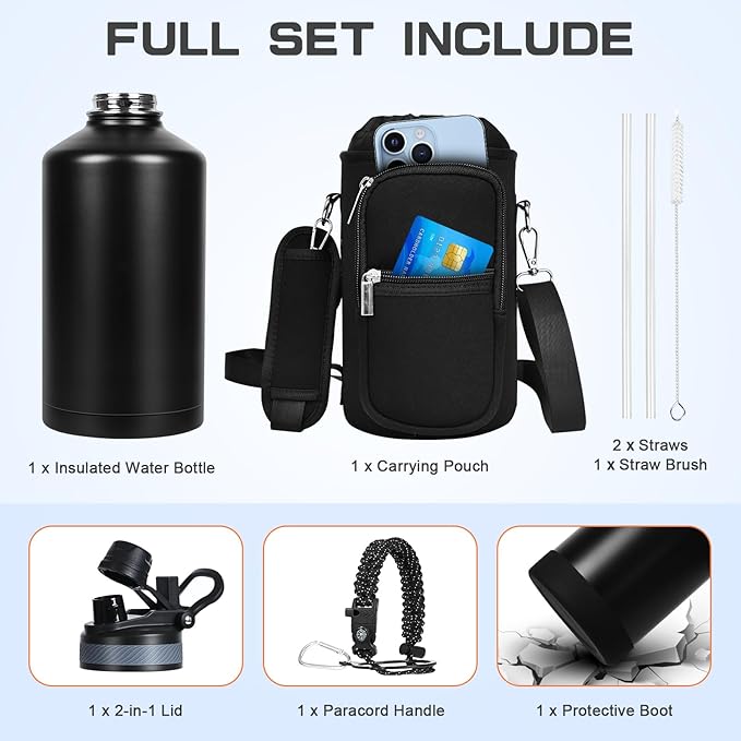 1 Gallon Water Bottle Insulated, Leak Proof 128 oz Stainless Steel Water Jug with Straw/Spout 2-in-1 Lid, Sleeve, Paracord Handle, Silicone Boot, One Gal Metal Canteen for Gym Sports Camping-GravixFit