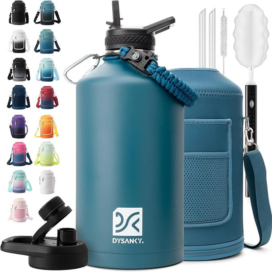 1 Gallon Water Bottle Insulated | Thickened Stainless Steel Vacuum Metal Water Jug | Portable Sports Large for Gym and Hiking with Straw, Carrier Bag, Handle Strap | BPA-Free 128 oz-GravixFit