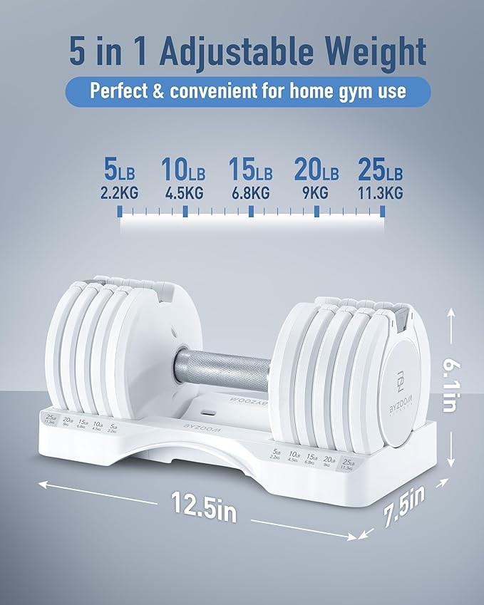 Adjustable Dumbbell – 12.5/25lb Single Unit OR Set of 2 – 5-in-1 Adjustable Weight for Home Gym, Strength Training & Fitness Workouts, White OR Black-GravixFit