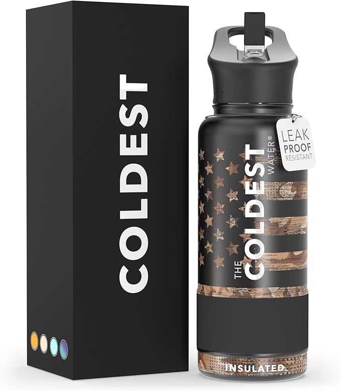 Coldest Insulated Water Bottle with Straw Lid - Stainless Steel Metal Insulated Bottle for Men & Women (Camouflage Flag, 32 oz)-GravixFit