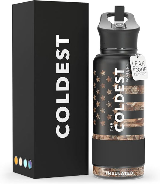 Coldest Insulated Water Bottle with Straw Lid - Stainless Steel Metal Insulated Bottle for Men & Women (Camouflage Flag, 32 oz)-GravixFit