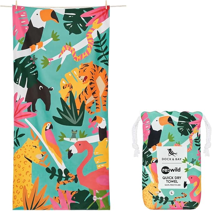 Dock & Bay Beach Towel - Quick Dry, Sand Free - Compact, Lightweight - 100% Recycled - Includes Bag - Wild Things - Extra Large (200x90cm, 78x35)-GravixFit