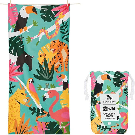 Dock & Bay Beach Towel - Quick Dry, Sand Free - Compact, Lightweight - 100% Recycled - Includes Bag - Wild Things - Extra Large (200x90cm, 78x35)-GravixFit