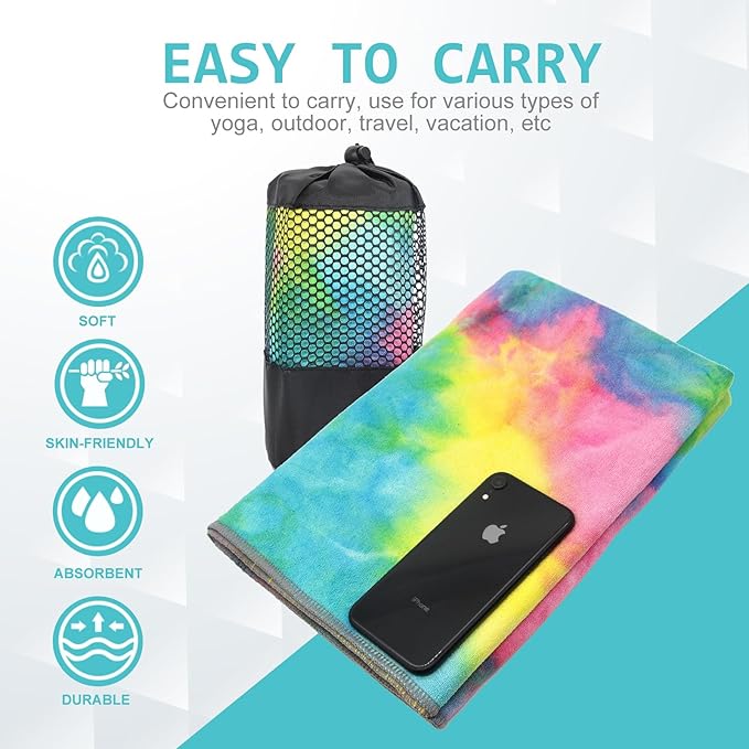Eunzel Yoga Towel,Hot Yoga Mat Towel with Grip Dots Sweat Absorbent Non-Slip for Hot Yoga, Pilates and Workout 24" x72", Yellow & Blue & Pink-GravixFit