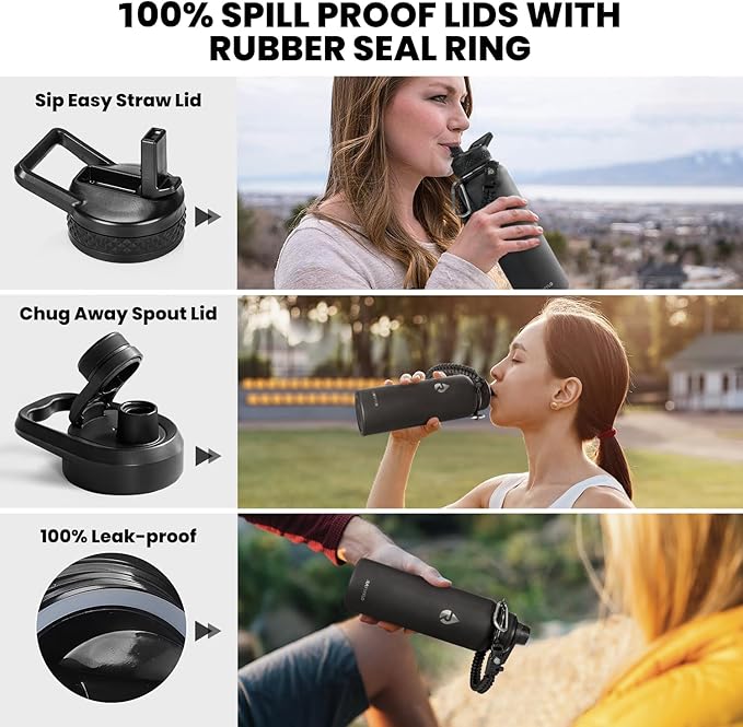 Insulated Water Bottle 40 oz, Triple Wall Vacuum Stainless Steel (Cold for 48 Hrs), Leak Proof & Non-BPA, Modern Water Flask Jug with Paracord Handle & Straw Spout Lids, Magic Black-GravixFit