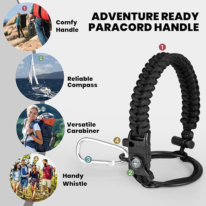 Insulated Water Bottle 64 oz, Triple Wall Vacuum Stainless Steel (Cold for 48 Hrs), Leak Proof & Non-BPA, Half Gallon Water Flask Jug with Paracord Handle & Straw Spout Lids, Magic Black-GravixFit