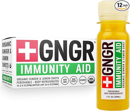 '+GNGR Immunity Aid Organic Ginger and Lemon Shot - Cold Pressed Ginger Shots with Echinacea, Lemon Juice, Honey, Zinc & Vitamin D3, Immune & Digestive Support (2 Oz, Pack of 12)-GravixFit